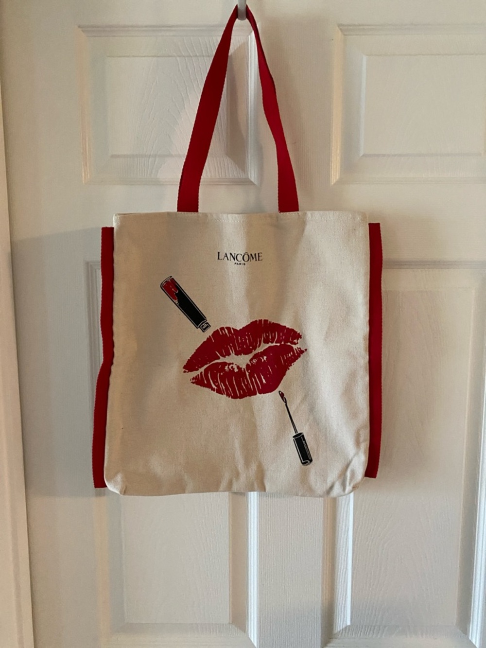 Lancome Cream Canvas Tote with Red Lip Print and Red Trim